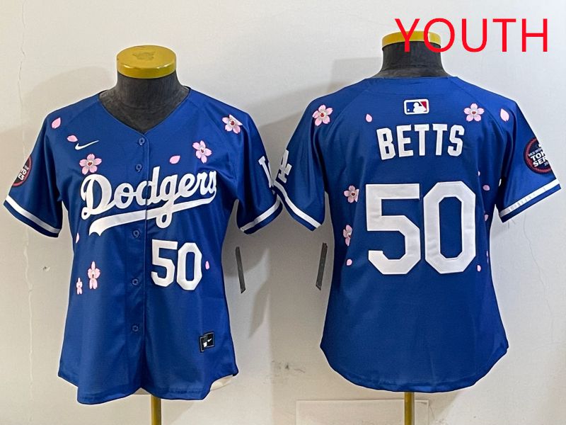 Youth Los Angeles Dodgers #50 Betts Blue Sakura Edition 2025 Nike MLB Jersey style 8->youth mlb jersey->Youth Jersey